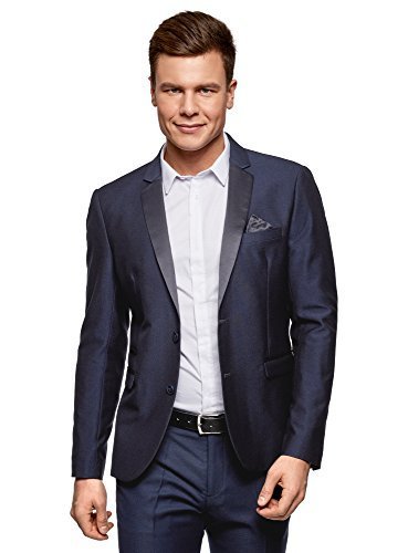 Place oodji Ultra Hombre Chaqueta Entallada con Solapas de Raso, Azul, ES 54