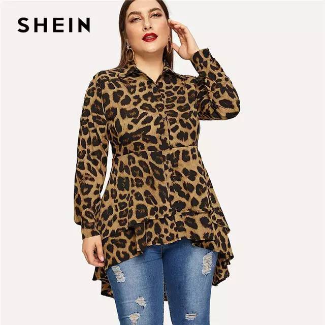 Shein plus size casual leopardo impressão dip hem camisa blu