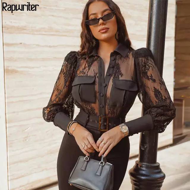 Producto Rapwriter sexy transparente rendas retalhos turn down neck c