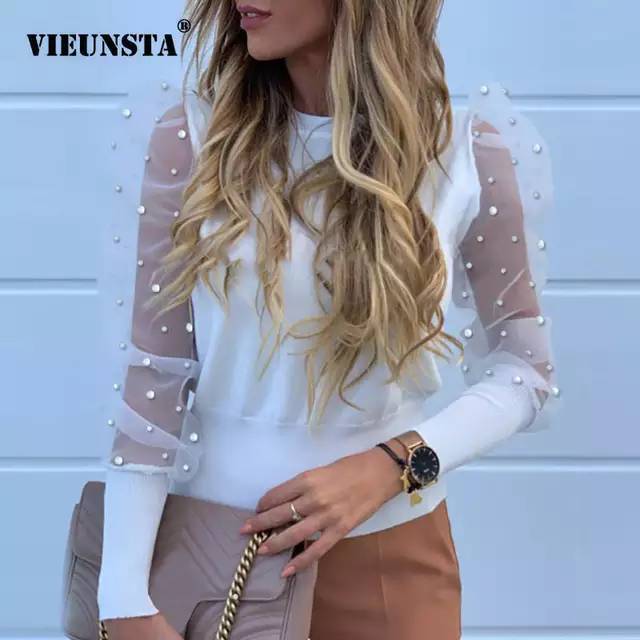 Social Nova mulher malha pura blusa transparente puff manga comprid