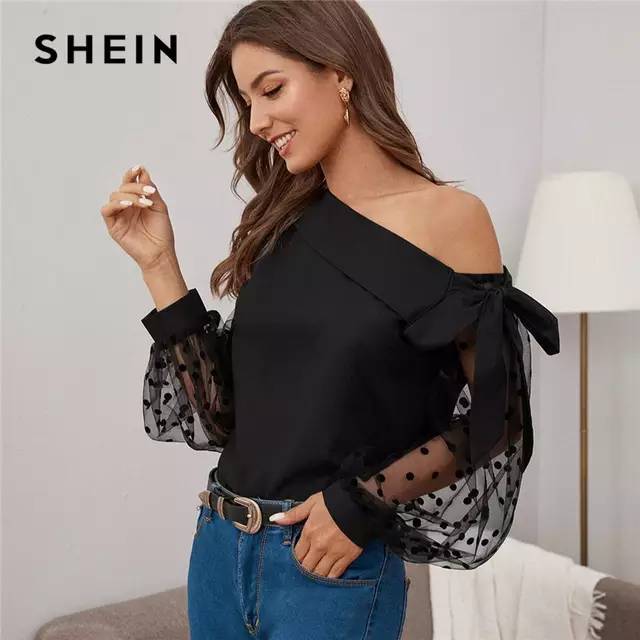 Social Shein nó assimétrico fold neck dot lanterna manga de malha b