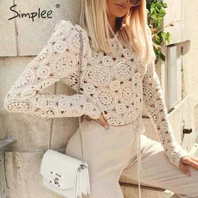 Social Simplee elegante manga longa blusa de renda feminino oco par