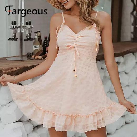 Fargeous rosa espaguete cinta vestido curto moda feminina co