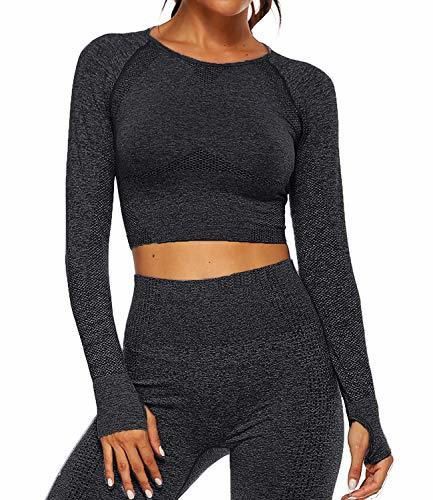 Tops Yoga Camiseta Deportiva Sin Costura Mangas Larga Fitness Mujer Gimnasio Negro