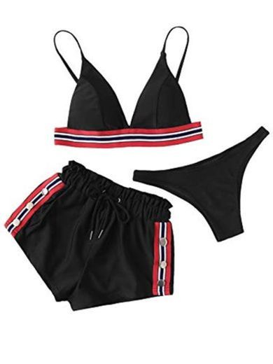 DIDK Mujer Traje de Baño Set de Bikini con diseño de Tachuela con Shorts 3 Piezas Bañadores Tankini Ropa de Baño 2019