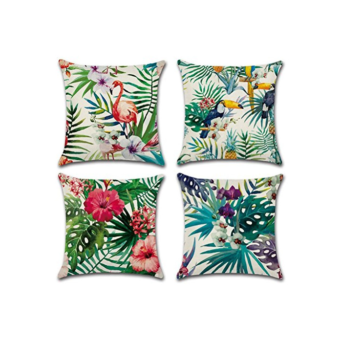 Product Gspirit 4 Pack Tropical Flamenco Flor Hojas Algodón Lino Throw Pillow Case