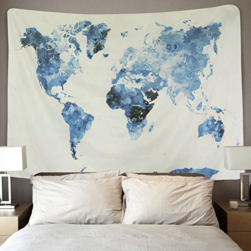 Lugar BLEUM CADE Blue Watercolor World Map Tapestry Abstract Splatter Painting Tapestry Wall