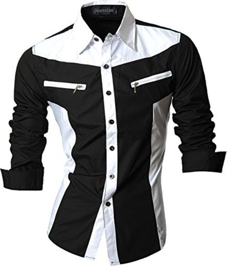 jeansian De Manga Larga De Los Hombres De Moda Slim Fit Camisas Men Fashion Shirts Z018 Black XL