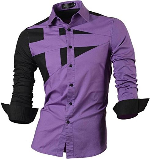 jeansian De Manga Larga De Los Hombres De Moda Slim Fit Camisas Men Fashion Shirts 8397 Purple L