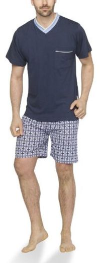 Moonline - Pijama corto de hombre con pantalones de cuadros, Color:navy