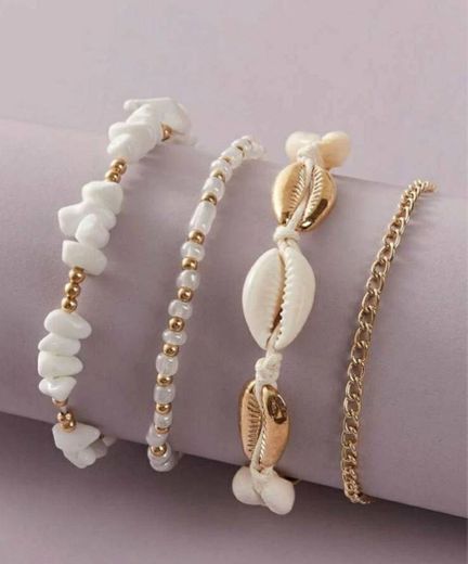 4pcs Shell & Bead Decor Anklet Set