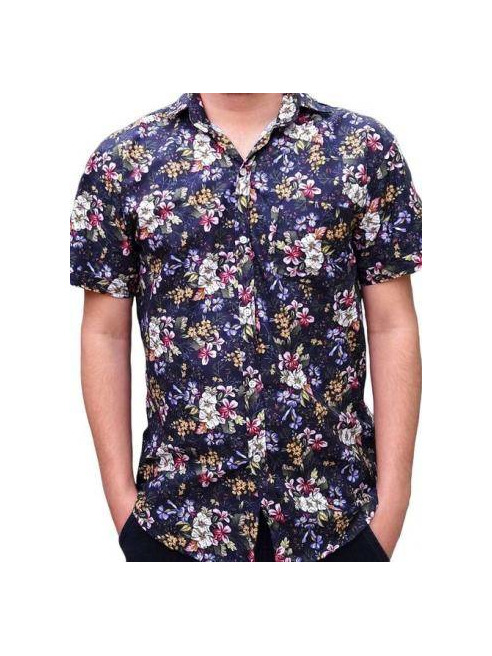 Producto Camisa Social Florida Azul Estampada Floral Masculina Manga 