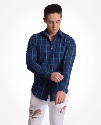 Camisa Social Masculina Slim Xadrez Azul