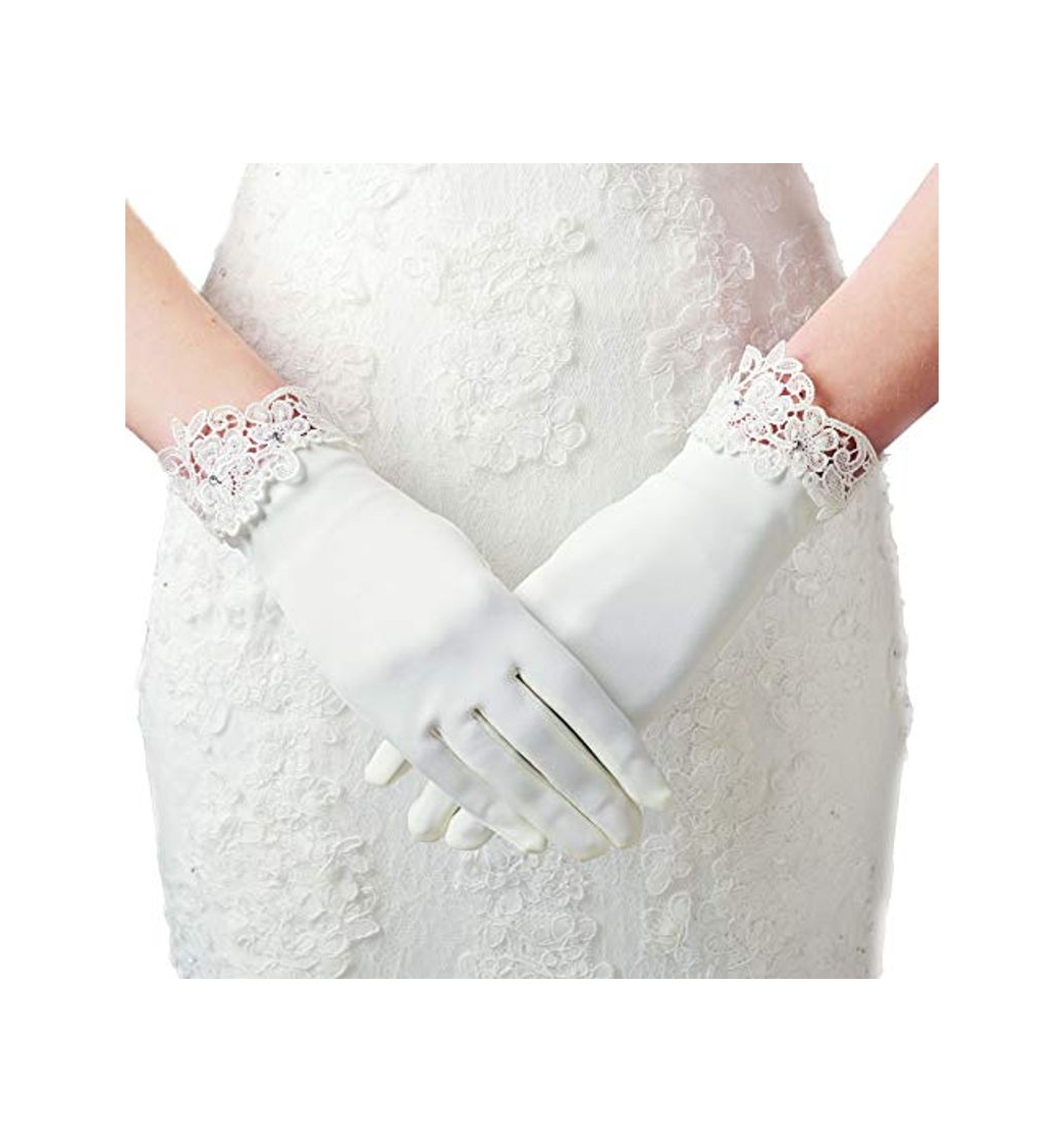 Fashion ArtiDeco Guantes Cortos de Satén Guantes Nupcial con Borde de Encaje Elegante Novia Accesorios