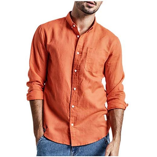 CAOQAO- Camisa de los Hombres de Moda Botón de Verano Casual algodón