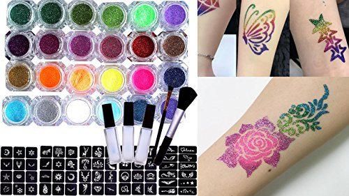 Glitter Tattoo Juego 24 colores Incluye más de 60 mixtos Plantillas para Fiesta y