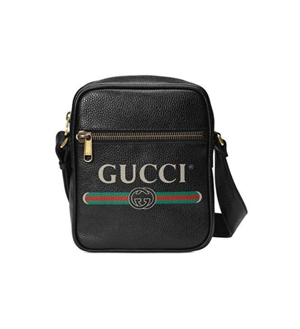 Social Gucci Logo Signature Print Side Messenger Bandolera cruzada de cuero negro Italia