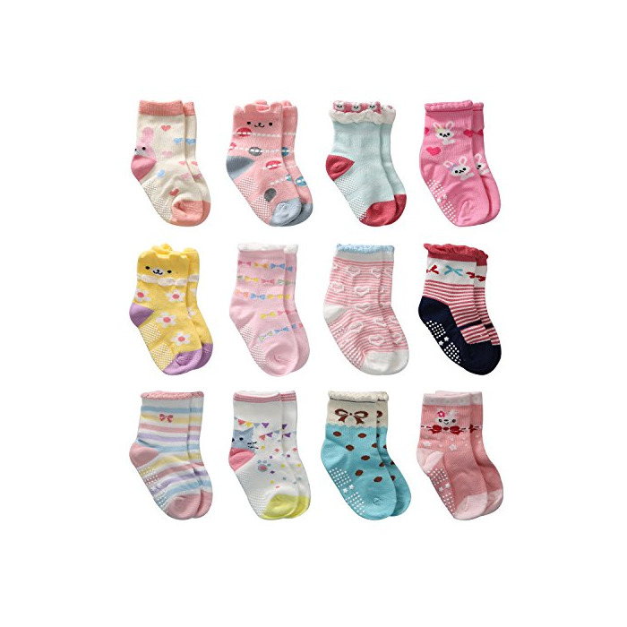 Social Cottock 12 Pares de Calcetines Antideslizantes para Niñas Pequeñas Algodón Lindo con