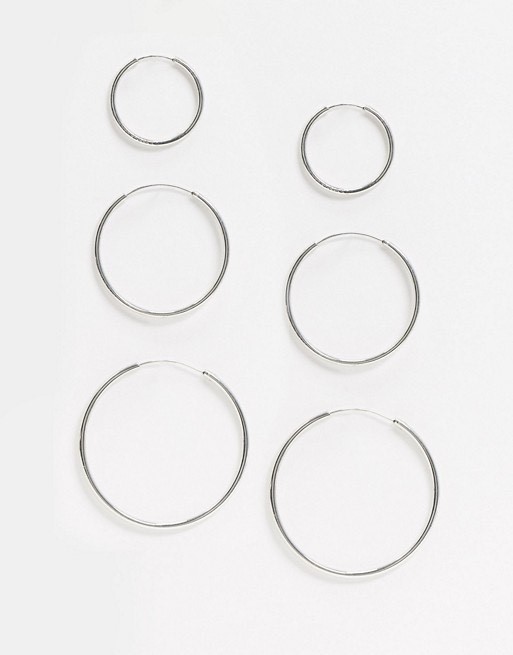 Moda ASOS DESIGN pack of 3 fine hoop earrings in silver tone