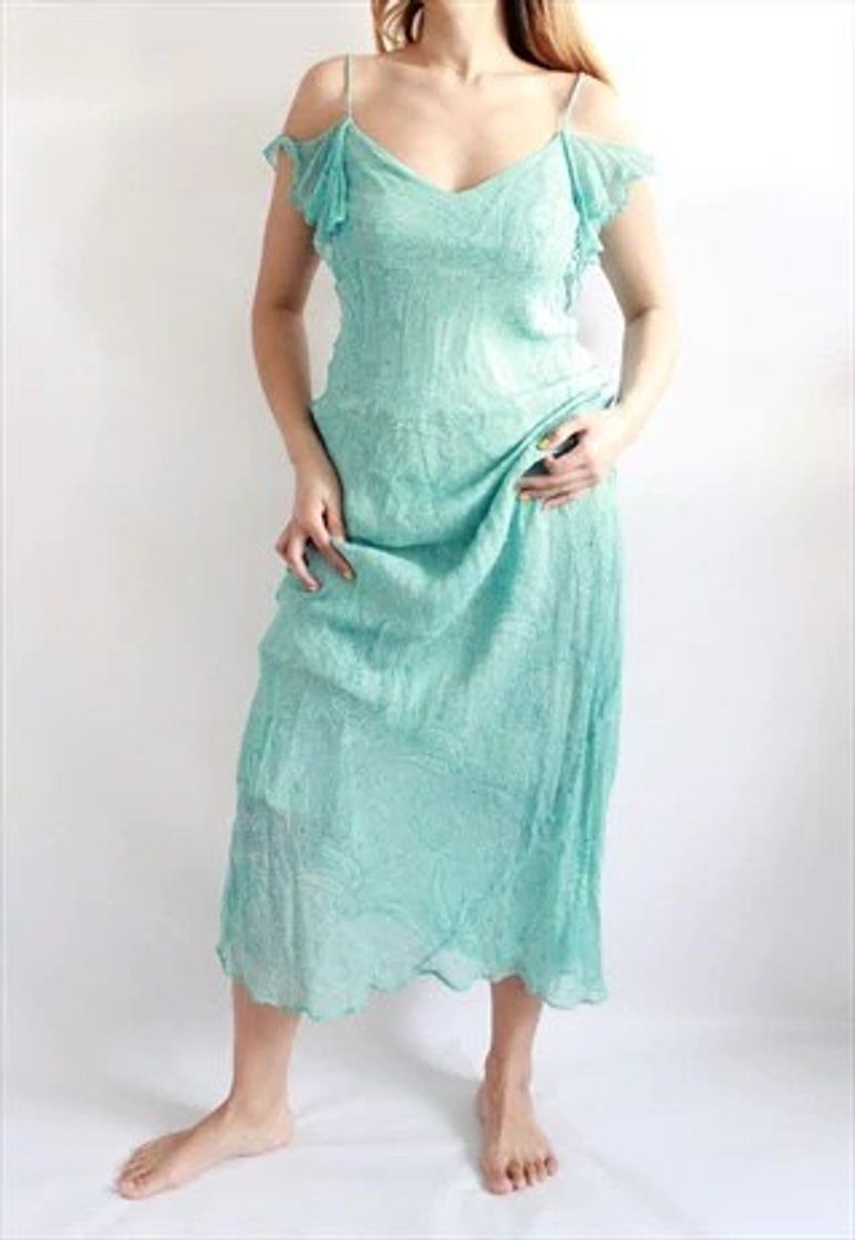 Moda Vintage Teal Paisley Sheer 90s Long Dress