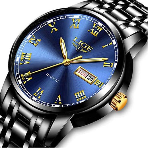 LIGE Relojes para Hombre Moda Acero Inoxidable Deportivo Analógico Reloj Cronógrafo Impermeable