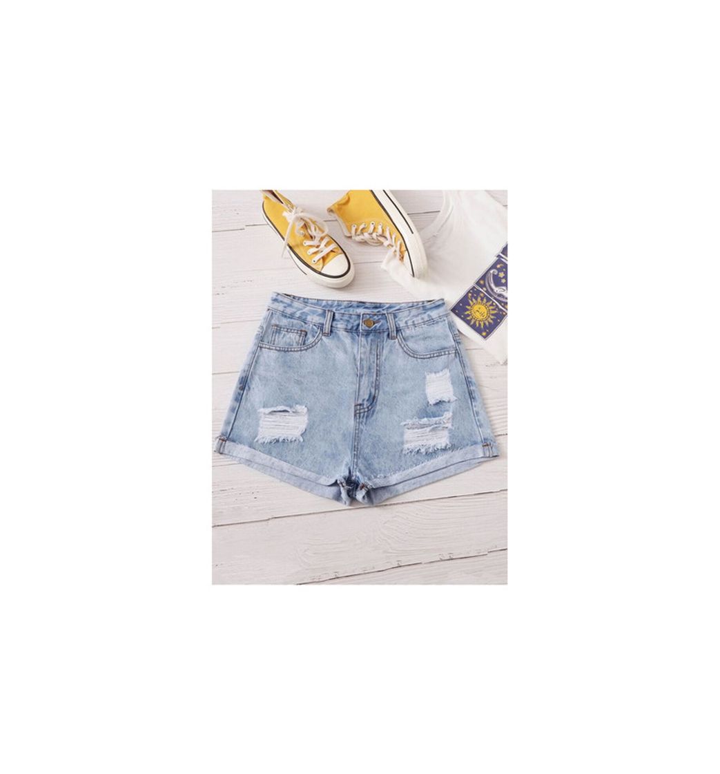 Social Light Wash Ripped Cuffed Denim Shorts