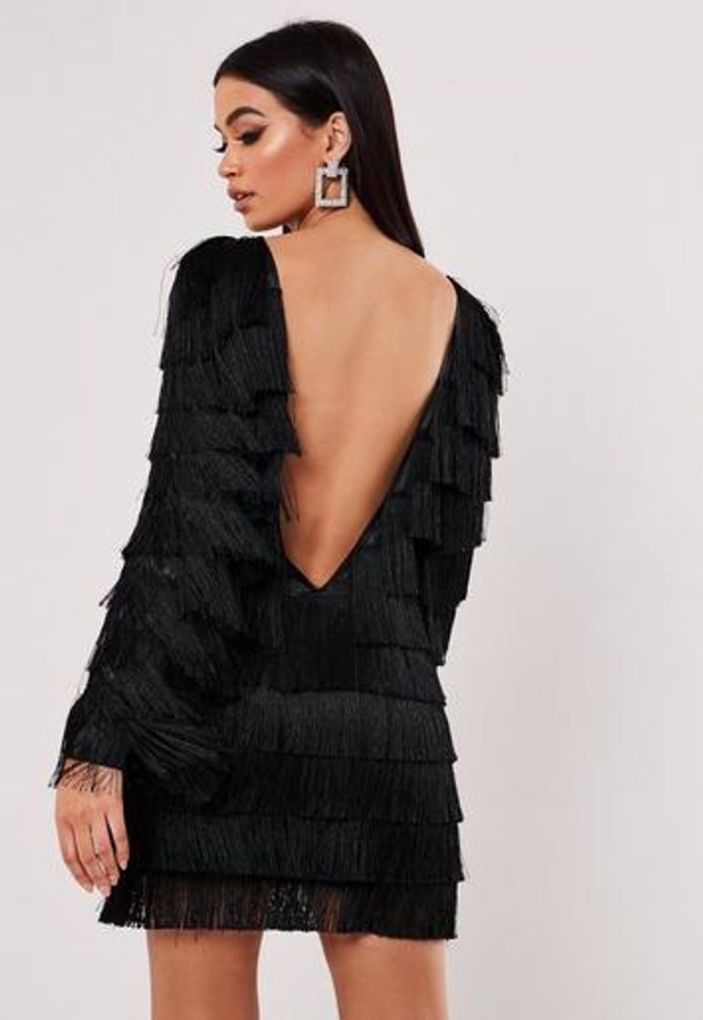 Social Black Tassel V Back Fringe Shift Dress | Missguided