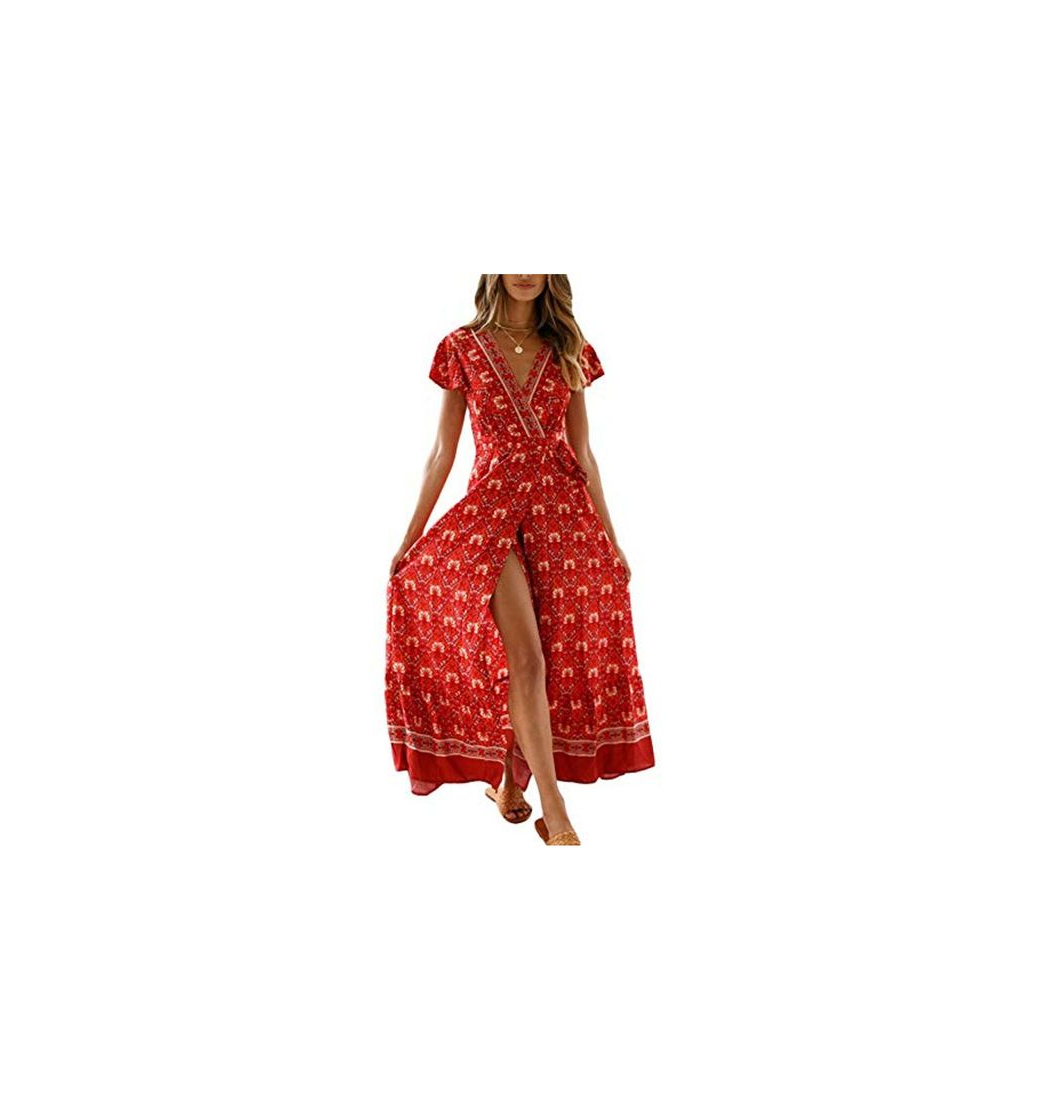 Social Vestido Mujer Bohemio Largo Verano Playa Fiesta Floral Manga Corta Cuello en V Talla Split Wrap Maxi Vestidos 5 XL