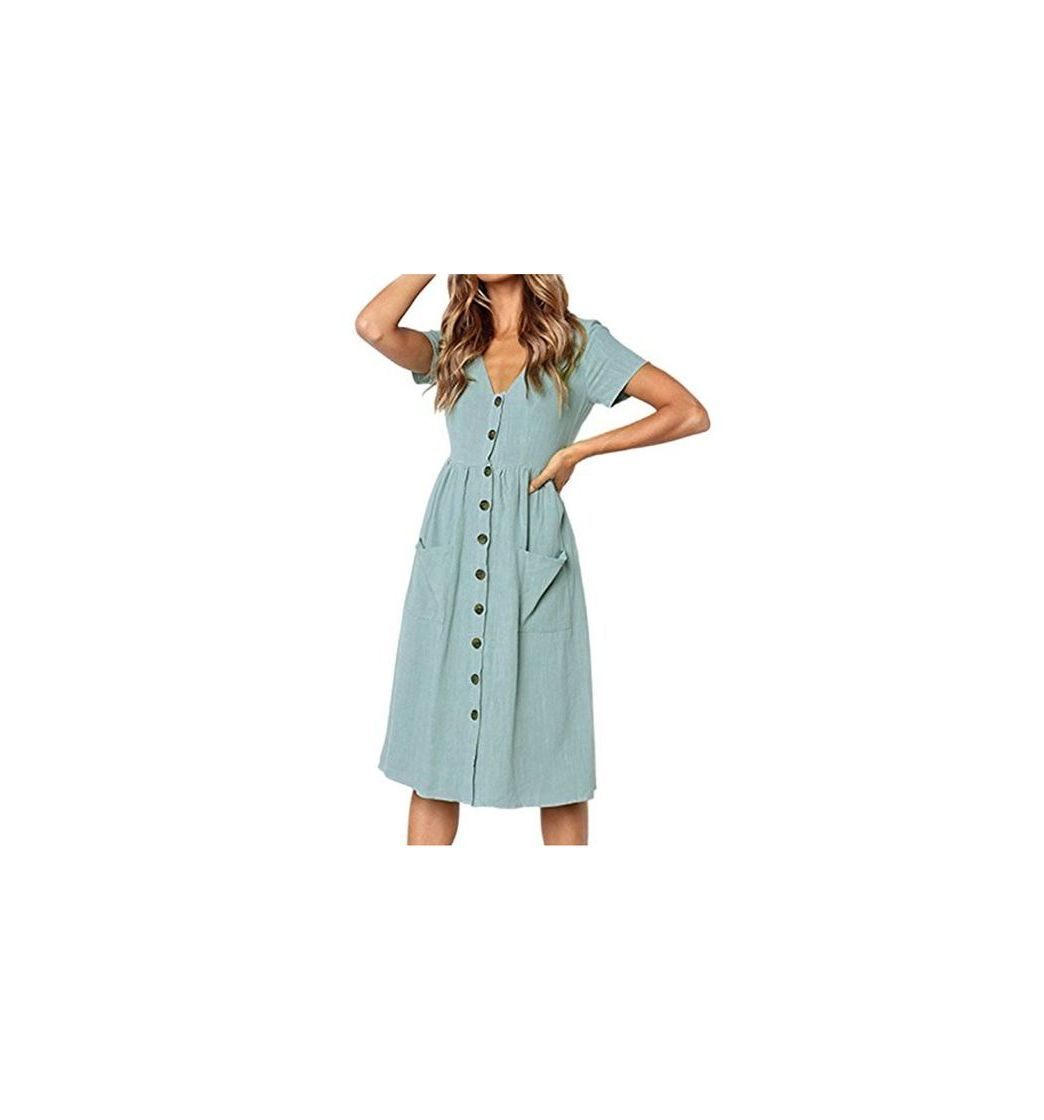 Social Mujeres Midi Verano Casual Vestido con Bolsillos Y Botones Fecha Desgaste Azul