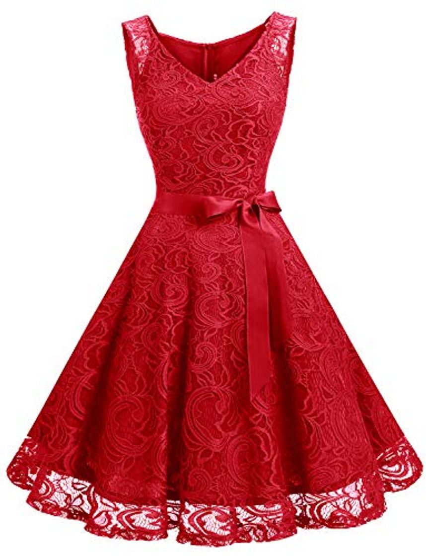 Moda Dressystar Vestido Corto Elegante Mujer De Encaje Sin Mangas con Lazo para Madrina Fietsa Rojo S