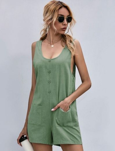 Solid Button Detail Dual Pocket Romper