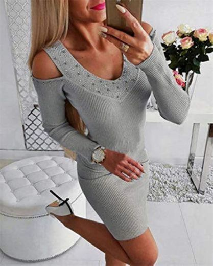 Autumn Off Shoulder Knitted Slim Mini Dress Women Casual Diamond Decor V