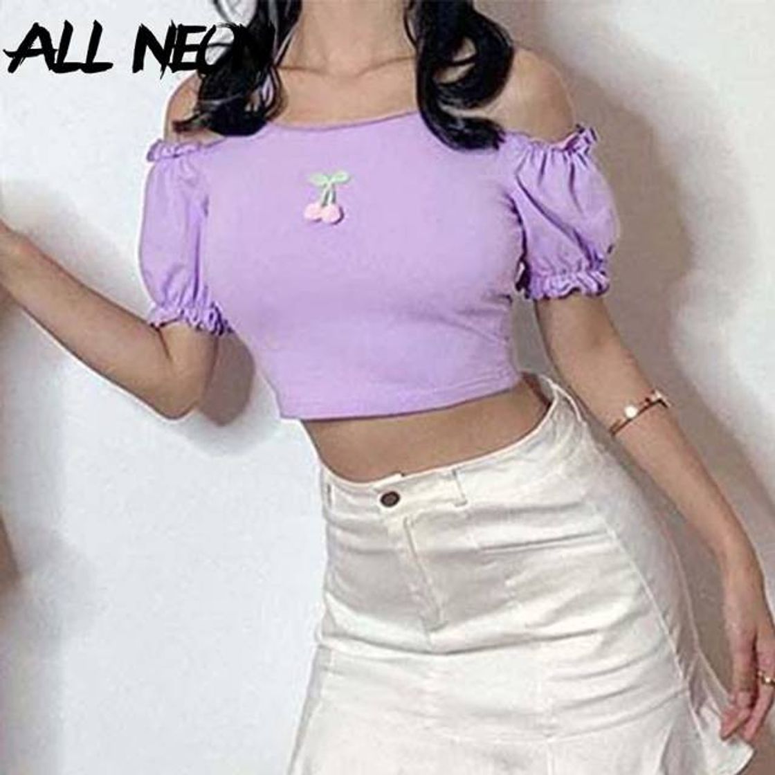 Social ALLNeon E-estilo de niña Kawaii de apliques de hombro Tops