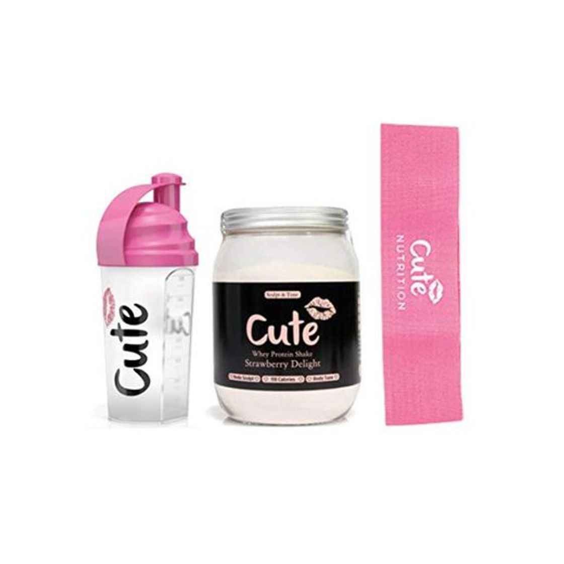 Productos Cute Nutrition Batido de Proteína de Suero de Fresa Esculpe y Tonifica Bote de 500g con Coctelera Shaker Rosa 700 ml y Banda Rosa de Resistencia Media