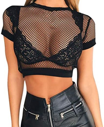 Abollria Corto Transparente Camisetas Mujer Cuello Redondo Camisa Sexy Top Manga Corta