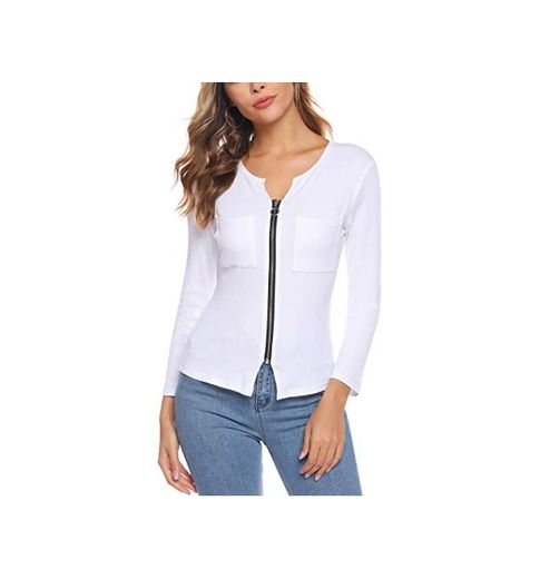 iClosam Blusa De Mujer Camisa AlgodóN Mangas Largas Zipper Slim Fit Camiseta Polsillo Escote V