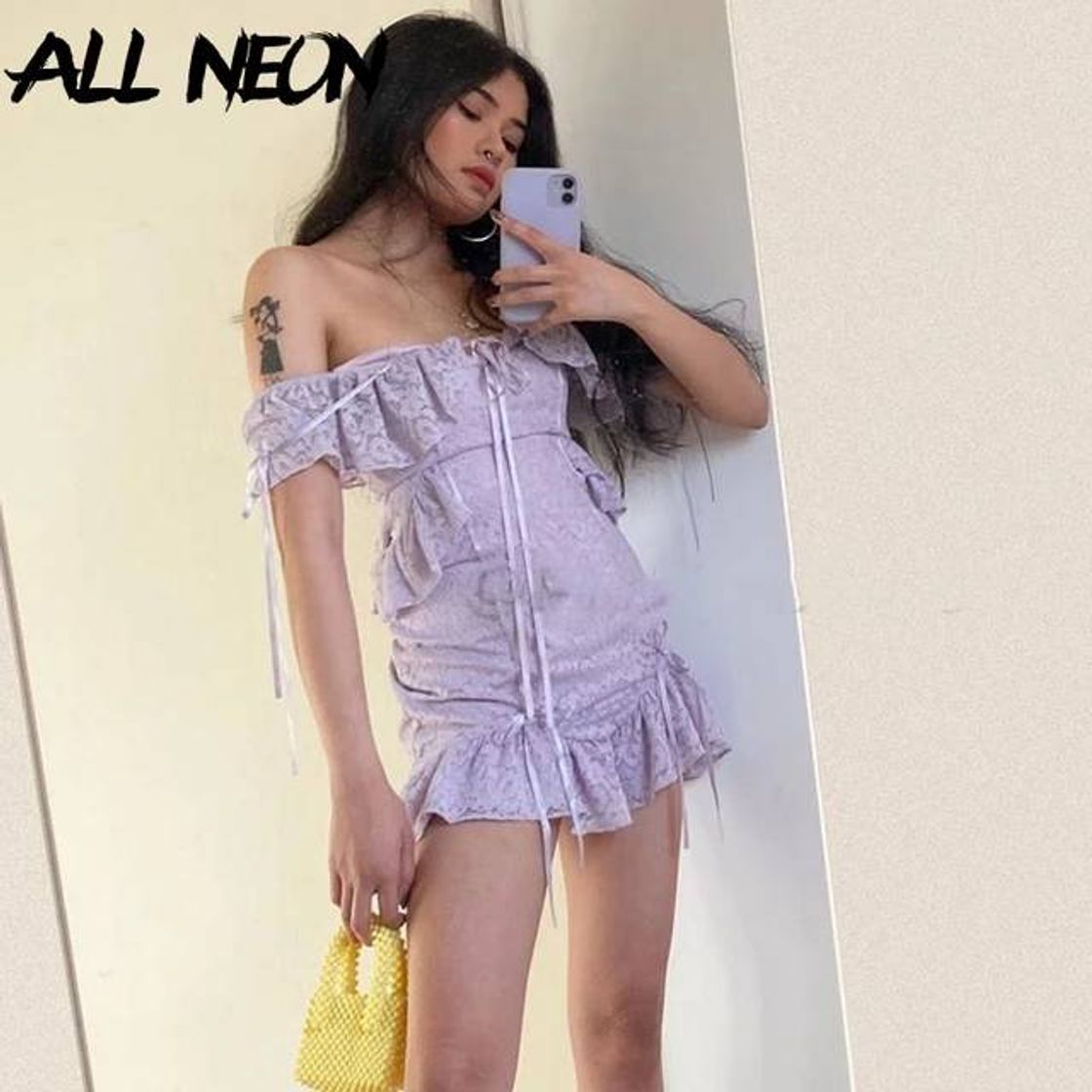 Social ALLNeon e-girl dulce fuera del hombro vendaje volantes 