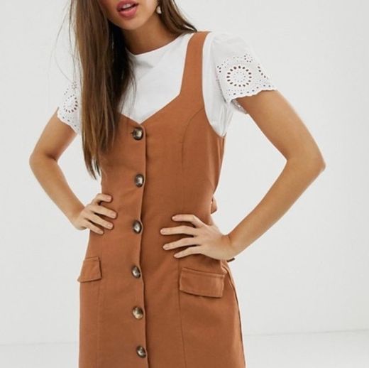 Denim button pinafore mini dress in rust