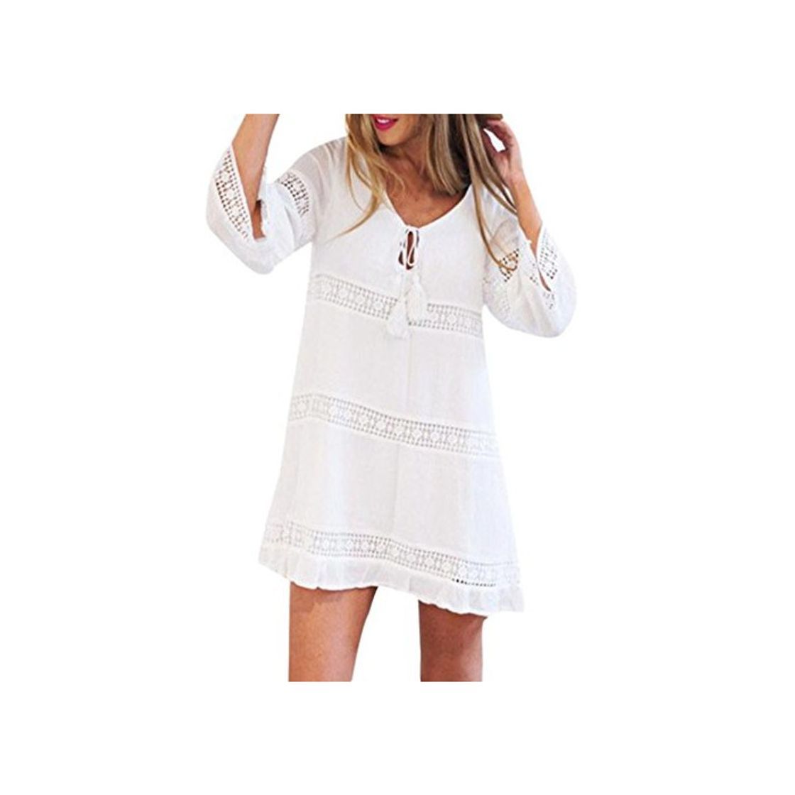 Product OverDose Mujer Vestido Corto Manga Corta Beach Boho Beach con Encaje Cuartos