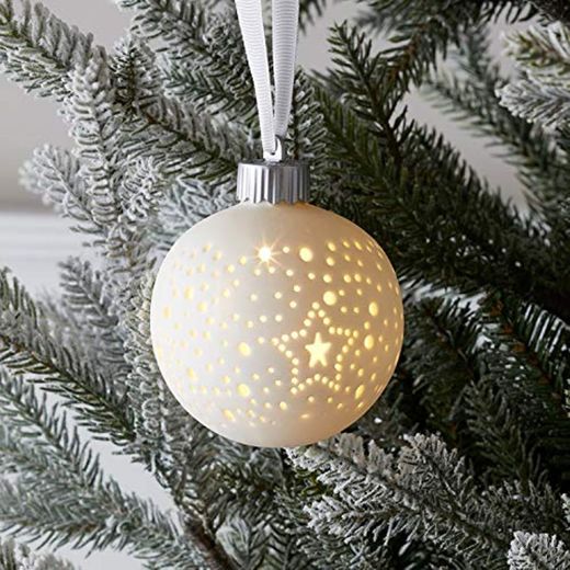 Lights4fun Bola de Navidad en Cerámica Blanca con LED Blanco Cálido a Pilas para Interiores