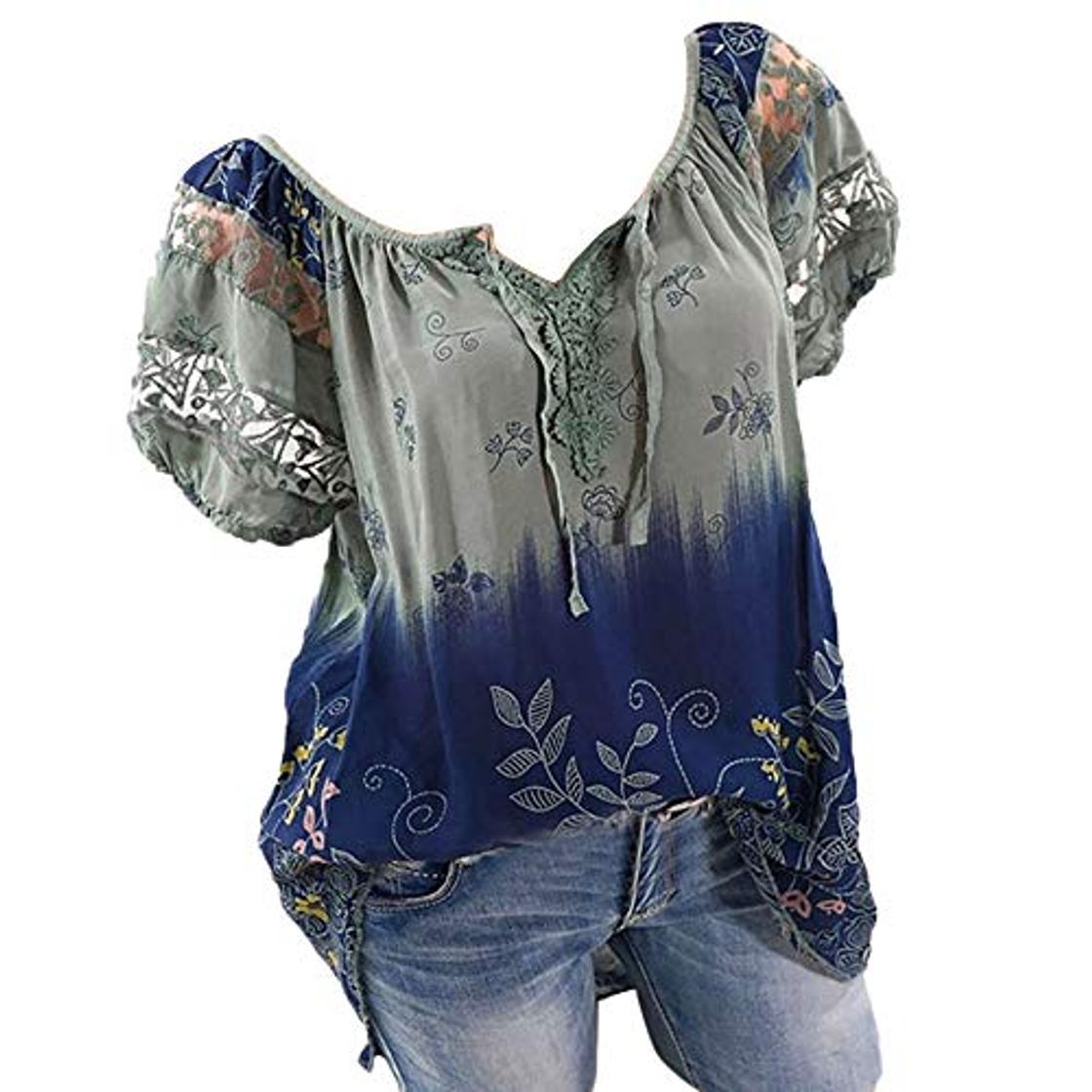 Moda Camisetas Mujer Manga Corta Tallas Grandes Encajes Cuello en V Casual Tops