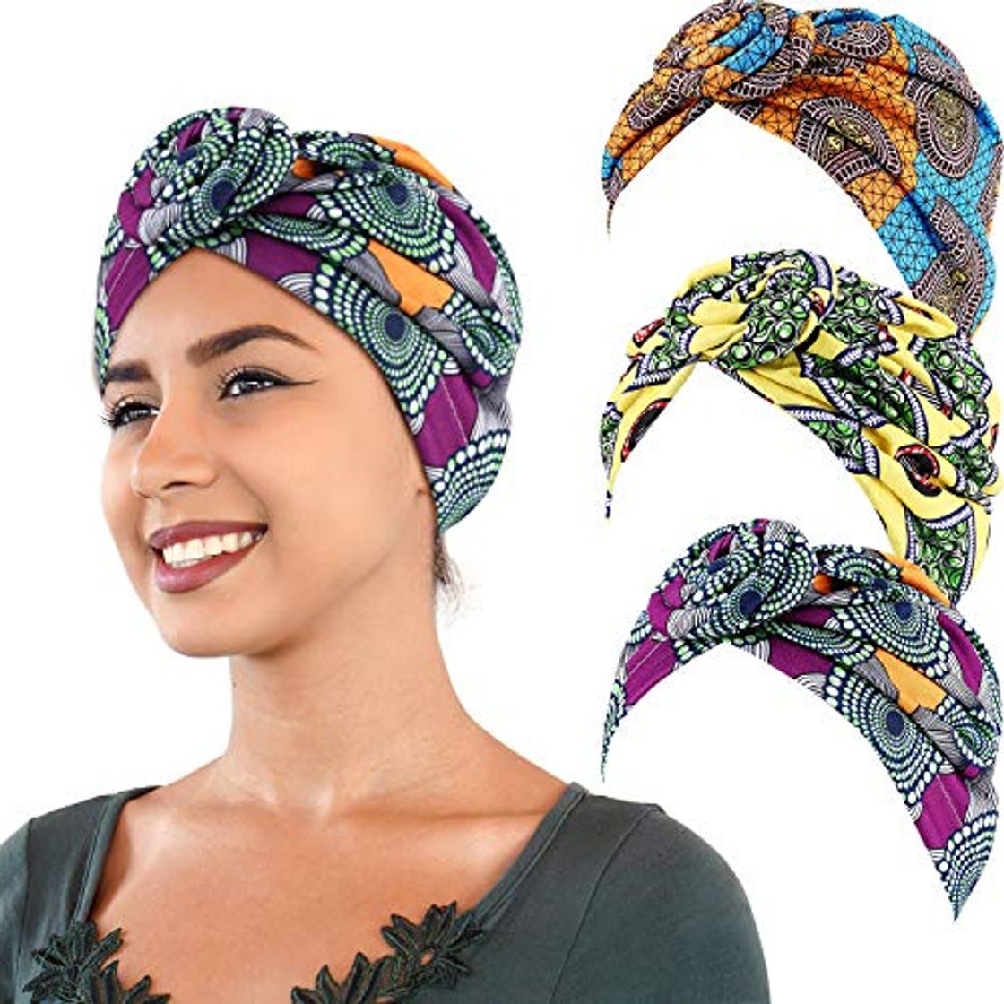 Moda 3 Piezas Pañuelo Turbante Africano Turbante Boho Gorro de Punto Elástico