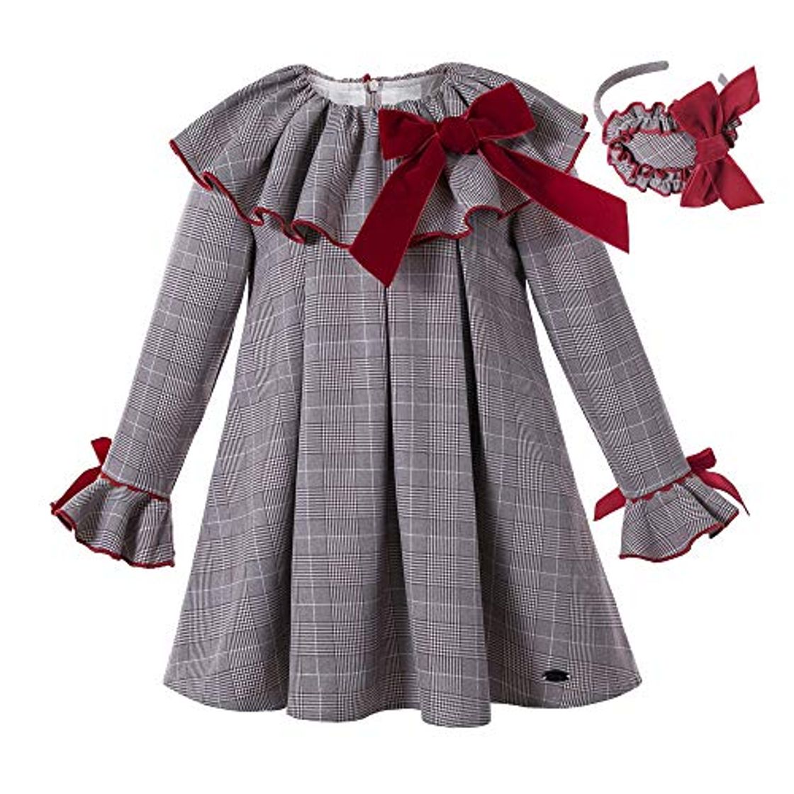 Fashion Ju petitpop Otoño Invierno Niñas Traje de Moda Gris Plaid Casual Manga Larga Vestido Recto para niños pequeños Ropa con Sombreros