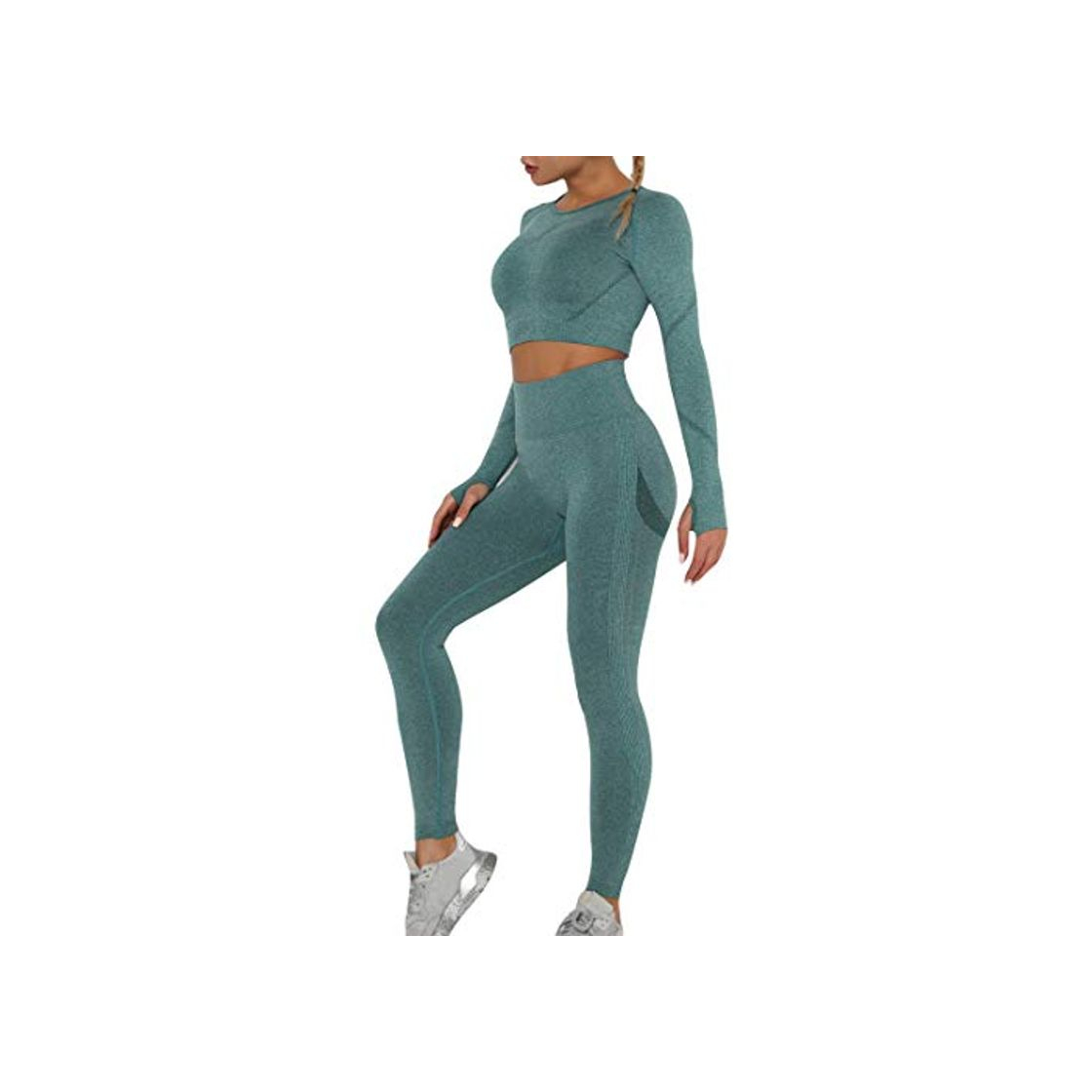 Moda Dihope Conjunto Deportivo para Mujer 2 Piezas Top Corto de Manga Larga de Running Pantalones de Cintura Alta Elásticos Leggings de Fitness sin Costuras para Yoga Gimnasio Trotar，Verde Oscuro，S