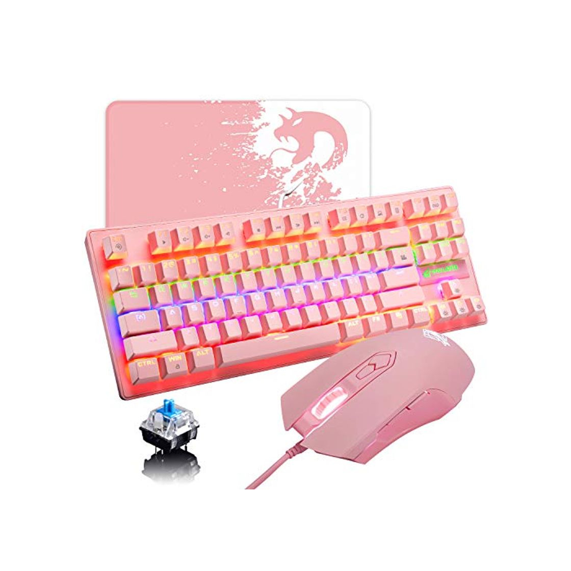 Productos Teclado mecánico para videojuegos, 3 en 1,con cable 87 teclas, interruptor azul,