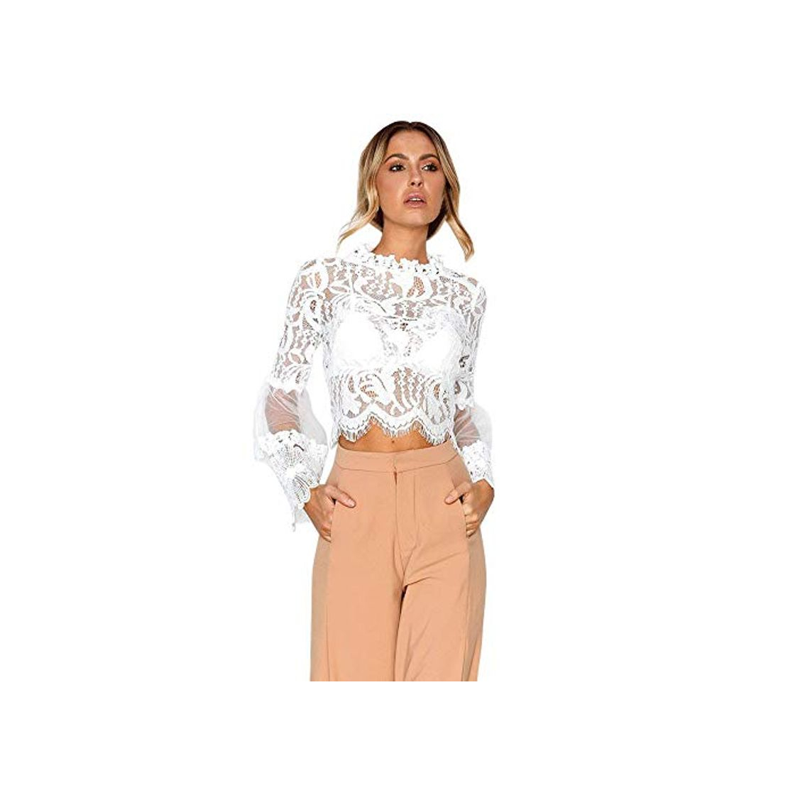 Social JURTEE Camiseta Blanca Mujer Encaje Hueco Tops Manga De Campana Blusa Fiesta Blusa Camisa