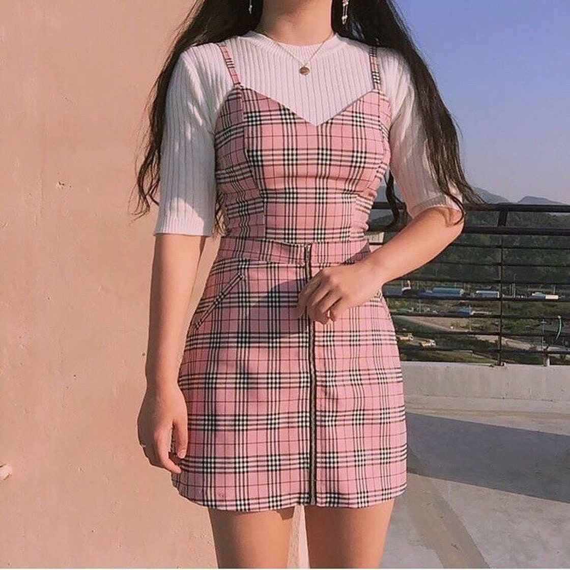 Moda cute pink plaid dress