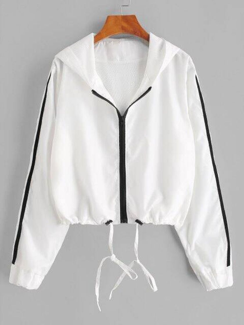 Social Hooded Side Striped Mesh Lining Windbreaker Jacket - White X
