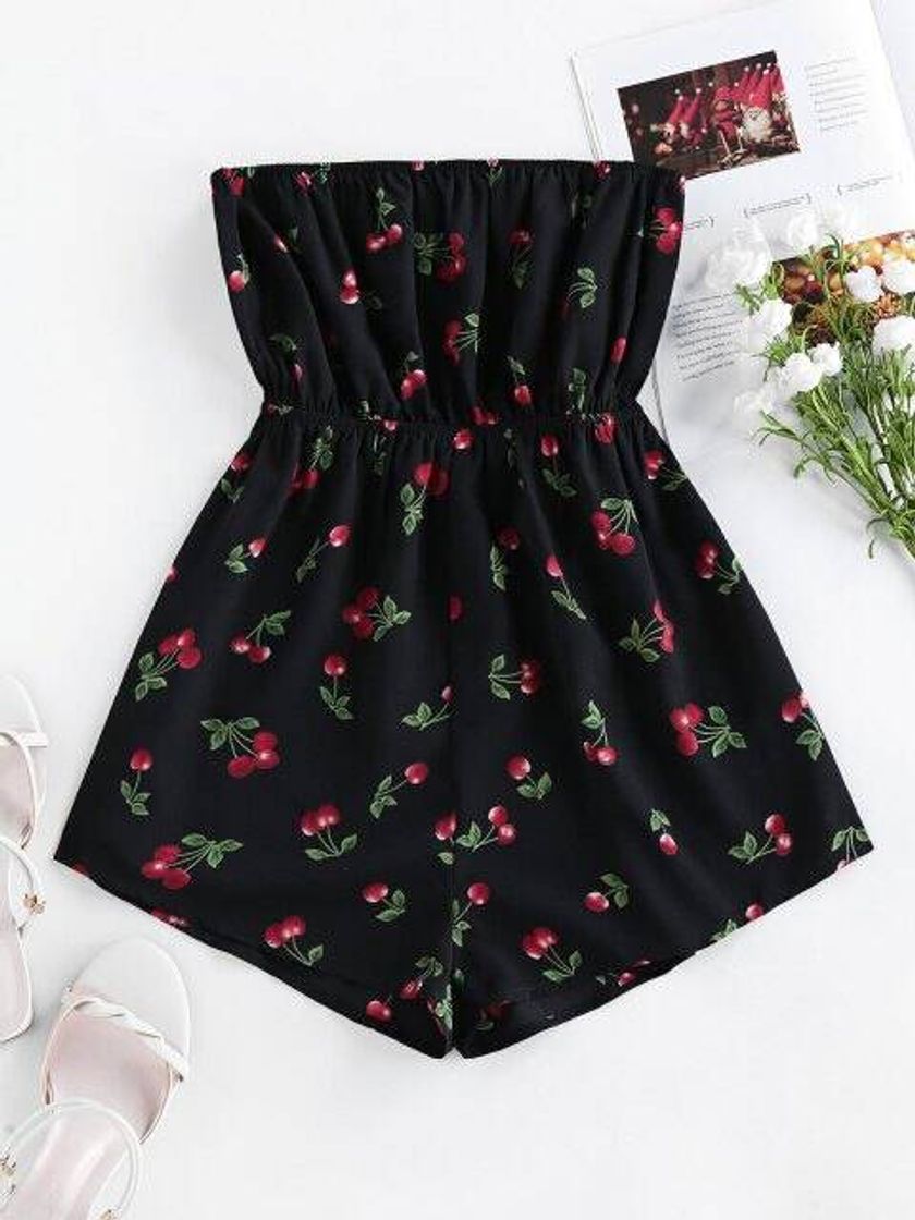 Social ZAFUL Cherry Print Wide Leg Bandeau Romper - Black L