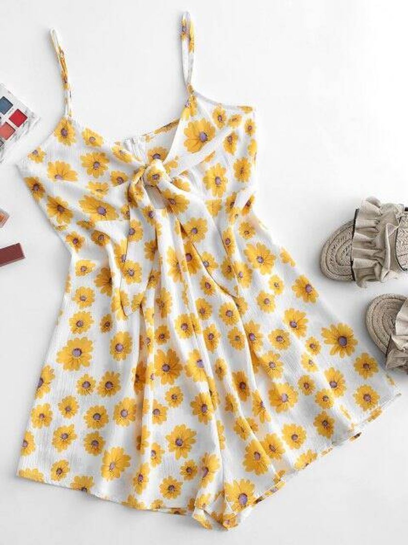 Social ZAFUL Floral Tie Front Wide Leg Romper - White Xl